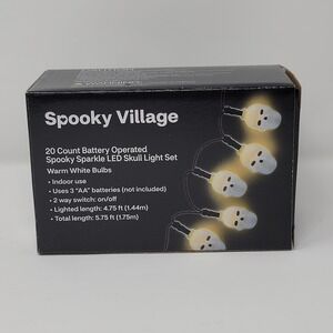 Spooky Village‎ Sparkle LED White Skull Light Set 20 Count Battery Operated